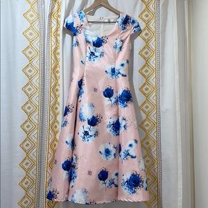 Pink dress with blue and white flora detail